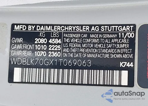 2001 Mercedes-Benz Clk-Class Base (A5) из США, поврежденный, VIN WDBLK70GX1T069063